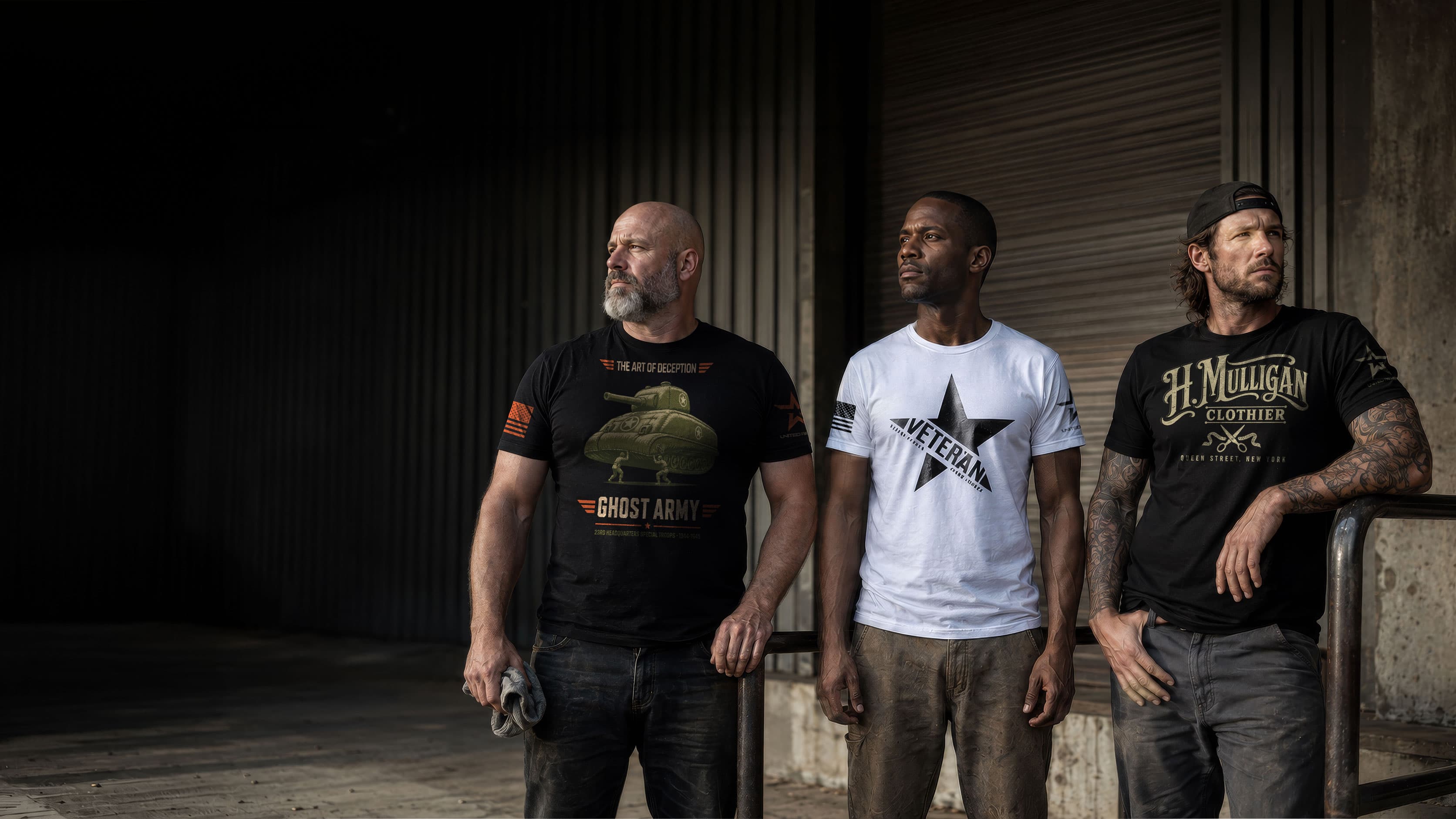 Three men in United Patriot tees in an industrial yard